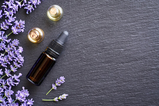 Bottles of essential oil with fresh blooming lavender, with copy space