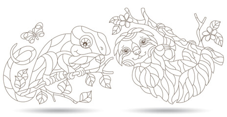 A set of contour illustrations in the style of stained glass with cute sloth and chameleon on tree branches, dark contours on a white background