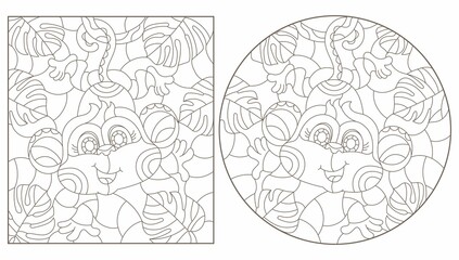 A set of contour illustrations in the style of stained glass with cute cartoon monkeys on tree branches, dark outlines on a white background