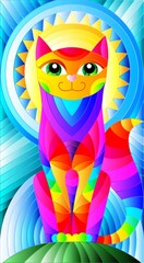 Illustration in stained glass style with abstract geometric cat and the sun on an abstract blue background