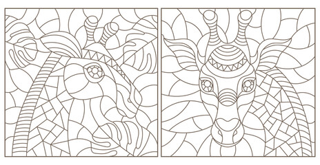 Set of contour illustrations of stained glass Windows with giraffe heads isolated on white background