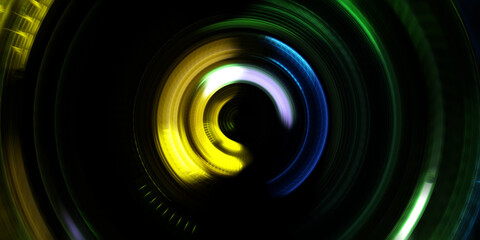Photography camera concept. Abstract Background. Spinning rays of light. Motion conceptual wallpaper. Graphic digital illustration. Glowing neon rotating lights. Glossy presentation design template.