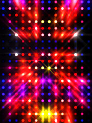 Shining lights party leds on black background. Digital illustration of stage or stadium spotlights. Glowing pattern wallpaper. Glamour background of colorful lights with spotlights.