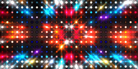 Obraz premium Shining lights party leds on black background. Digital illustration of stage or stadium spotlights. Glowing pattern wallpaper. Glamour background of colorful lights with spotlights.