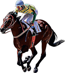 Racehorse with jockey at races. Isolated on a white background