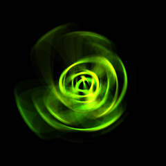 Spinning rays of light isolated on black background. Graphic 2D illustration of glowing colorful light particles in circular motion.