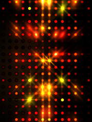Shining lights party leds on black background. Digital illustration of stage or stadium spotlights. Glowing pattern wallpaper. Glamour background of colorful lights with spotlights. - 514001864