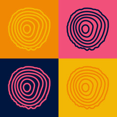 Pop art line Tree rings icon isolated on color background. Wooden cross section. Vector