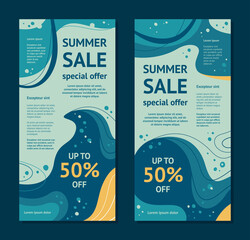 Abstract summer sale frame. Blue, turquoise abstract background. Template, banner, flyer for your design. Vector illustration in flat style.