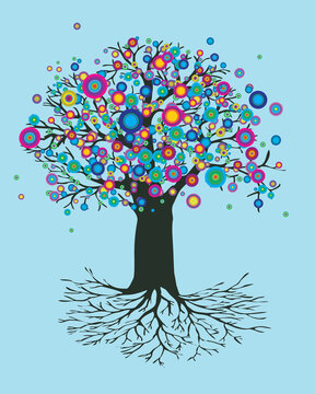 

A vector illustration of a tree of life with abstract round rainbow colored flowers. The trunk is dark green and the background color is soft blue 