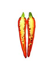 A top view of a chili pepper half cut out in two parts isolated on white