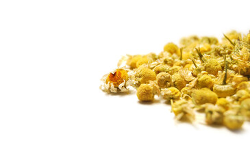 Dried chamomile, dried buttons of chamomile isolated on white background