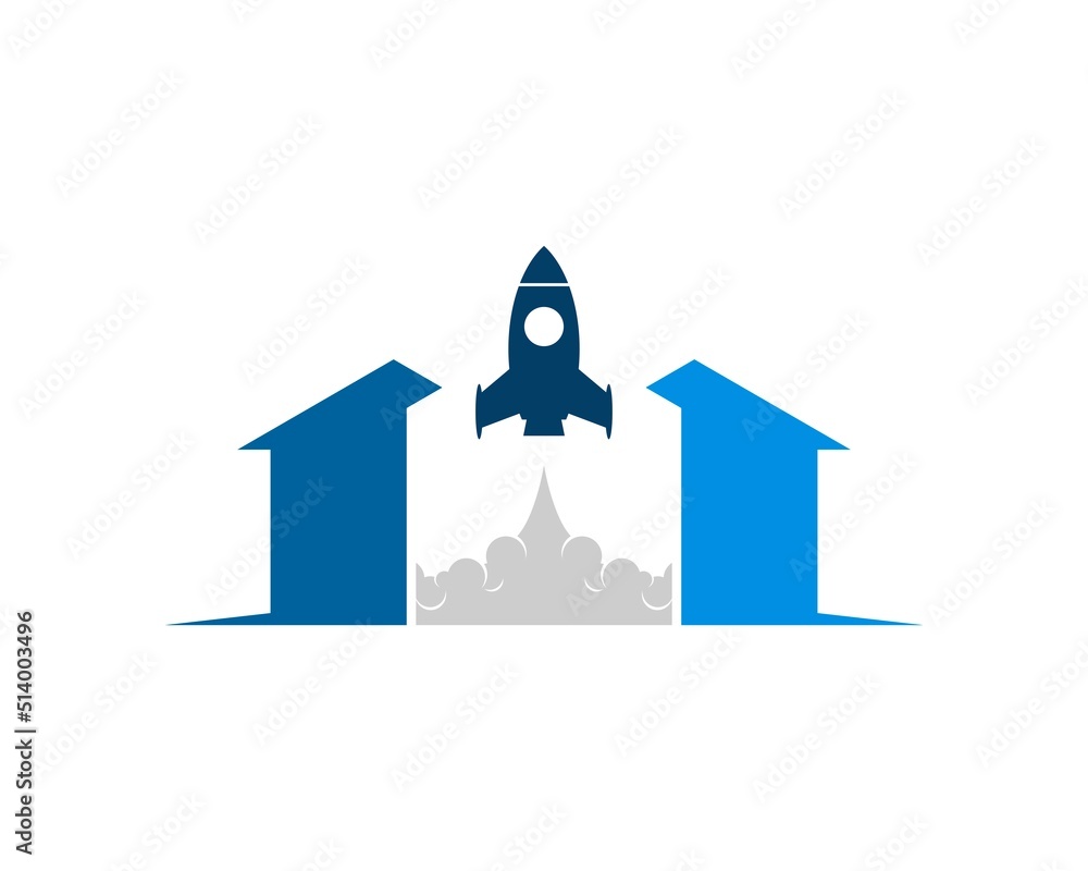 Sticker abstract house with rocket gliding inside