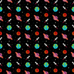 Rocket Space Planets Vector Seamless Pattern