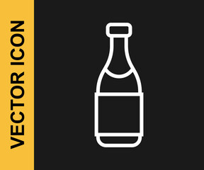 White line Champagne bottle icon isolated on black background. Merry Christmas and Happy New Year. Vector