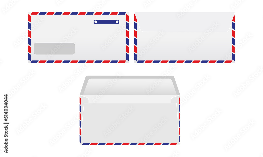 Poster front and back view of blank envelope mockup with postage stamps isolated on white background. retro