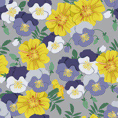 Seamless vector illustration with yellow marigolds and pansies on a gray background.