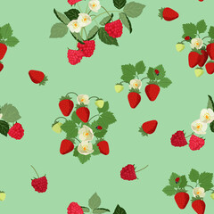 Raspberries and strawberries on a green background. Summer seamless vector illustration.