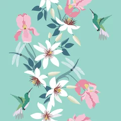  Seamless vector illustration with colors of clematis, iris and birds on a turquoise background. © Nadezhda