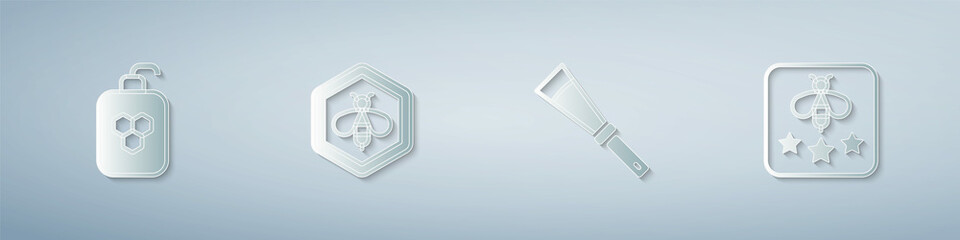 Set Cosmetic tube with honey, Bee and honeycomb, Beekeeping knife and Type of bee. Paper art style. Vector