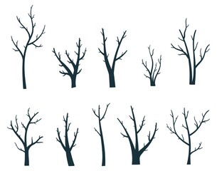 set of hand drawn bare tree silhouettes. black and white vector illustration