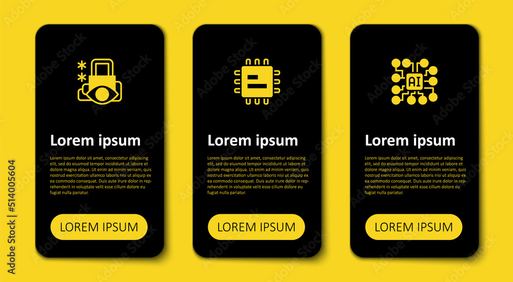Poster set neural network, processor cpu and cyber security. business infographic template. vector