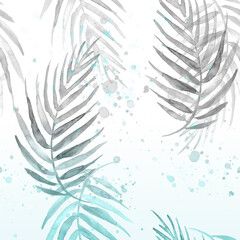 Fototapeta na wymiar watercolor background from tropical leaves, palm leaf, floral pattern. Bright Rapport for Paper, Textile, Wallpaper, design. Tropical leaves watercolor. Exotic tropical palm tree. Art pattern