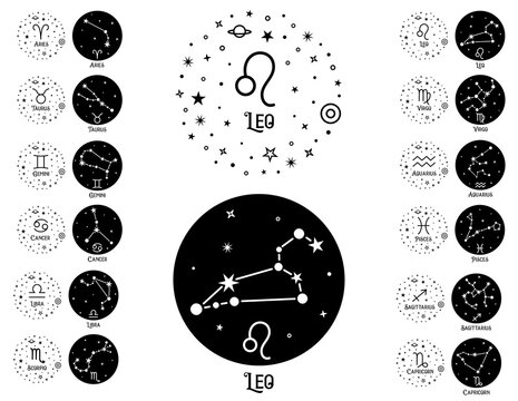 Zodiac signs design with constellations. Set of monochrome round silhouette symbols. Vector design concept with astrological zodiac signs names. Horoscope icon.