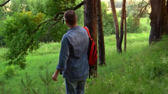 Male tourist with backpack on journey make photos with smartphone summer landscape in forest. Travel blogger shoot video