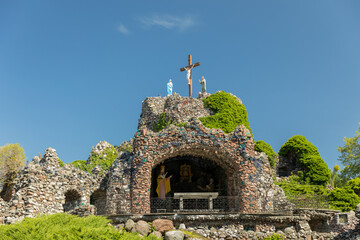 Golgotha in Licheń Stary. Way of the Cross on a hill made of stones. Place of prayers.