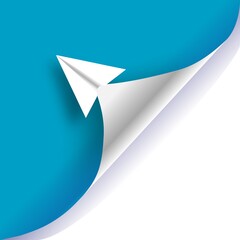 Paper airplane turning page vector illustration. Paper airplane curling corner of the sheet of paper advert concept.
