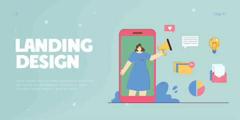 Social media icons and woman on phone screen holding megaphone. Businesswoman making announcement flat vector illustration. Marketing, promotion, communication concept for banner or landing web page