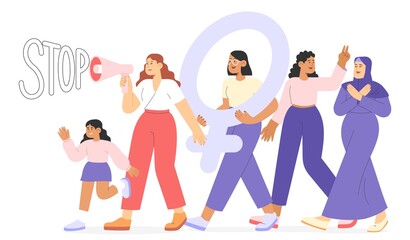  Flat vector illustration with group of women of different nationalities advocating for women's rights. Concept of international women's day.