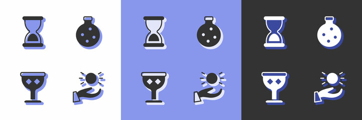 Set Ball levitating above hand, Old hourglass, Medieval goblet and Bottle with potion icon. Vector
