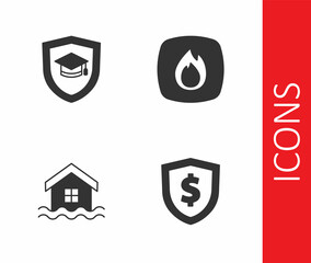 Set Shield with dollar, Graduation cap shield, House flood and Fire flame icon. Vector