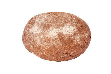 Round loaf of brown bread isolated on a white background. Homemade freshly baked baking.