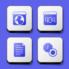 Set Worldwide, Page with a 404 error, File document and Time management icon. White square button. Vector