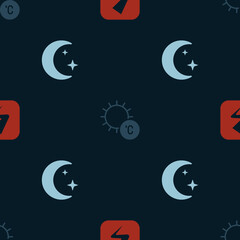 Set Lightning bolt, Sun and Moon and stars on seamless pattern. Vector