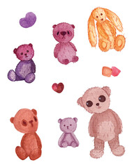 Watercolor set of toys, teddy bear, rabbit, heart, soft,sweet.
