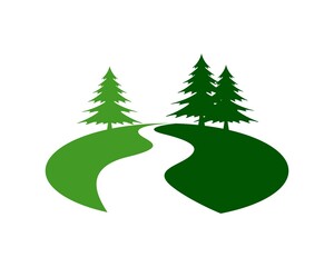 Green field with pine forest and river