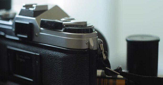 Macro Dolly of Vintage and Antique 35mm Cameras and Equipment slides past macro zoom lens