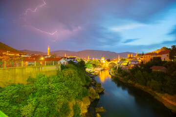 Mostar, Bosnia and Herzegovina. The Old Bridge, Stari Most, with emerald river Neretva.