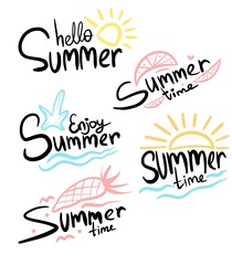 Set of Summer labels, logos, hand drawn tags and elements for summer holiday, travel, beach vacation, sun.