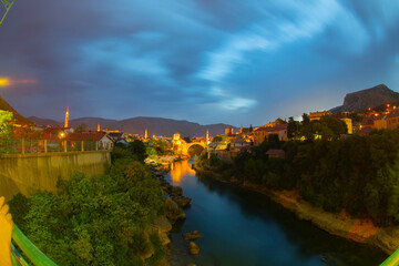 Mostar, Bosnia and Herzegovina. The Old Bridge, Stari Most, with emerald river Neretva.