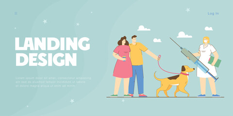 Tiny dog owners having appointment with vet. Veterinarian holding medical syringe for pet vaccination flat vector illustration. Pet care concept for banner, website design or landing web page