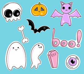 Halloween sticker set. Cute characters in cartoon style. Ghost, cat, skull, pumpkin, bat.