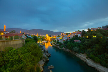 Mostar, Bosnia and Herzegovina. The Old Bridge, Stari Most, with emerald river Neretva.