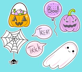 Halloween sticker set. Cute characters in cartoon style. Spider, ghost, pumpkin, treat or treat.