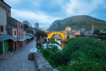 Mostar, Bosnia and Herzegovina. The Old Bridge, Stari Most, with emerald river Neretva.