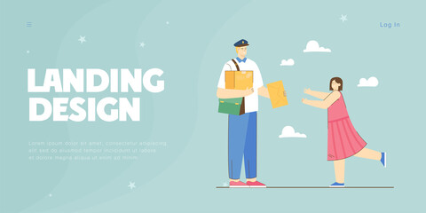Smiling girl running to mailman holding letter and parcel in hands. Postman delivering mail flat vector illustration. Delivery service concept for banner, website design or landing web page